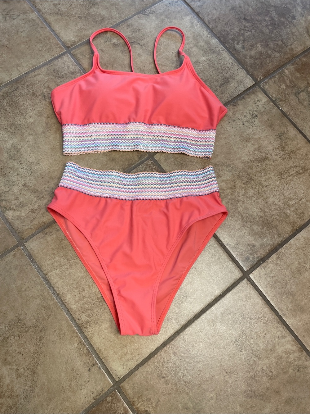 SHEIN Coral Pink High-Waist Bikini Set with Smocked Trim. Worn once!